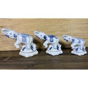 Set of 3 Vintage Blue White Porcelain Elephant Figurines Made In Japan MCM Decor